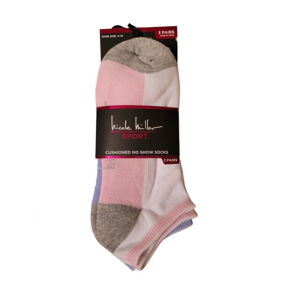 Nicole Miller No Show Socks Gray Purple Pink Black Set of 3 NWT Size 4 - 10